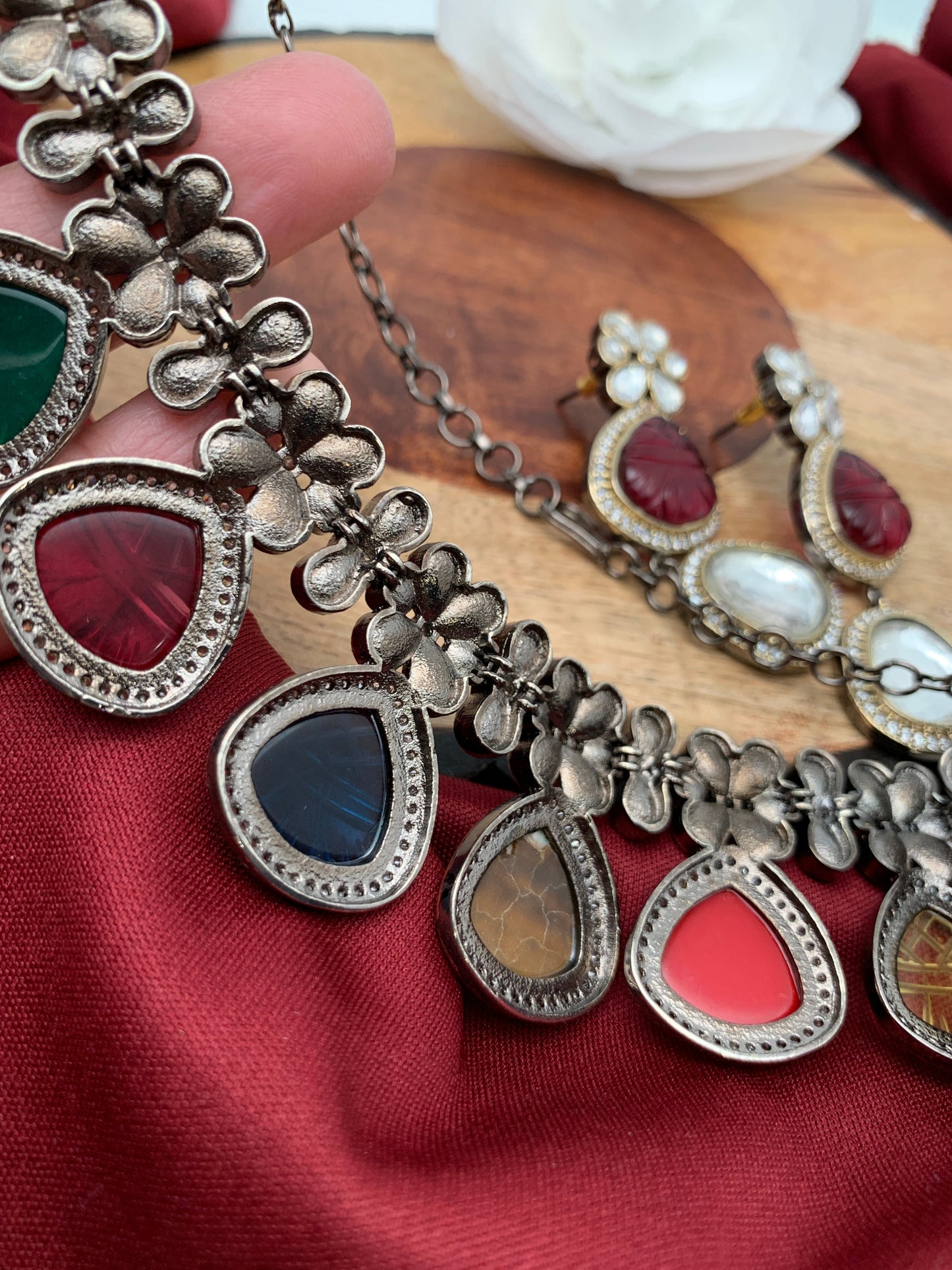 Kundan Multi Color Carved Stone Victorian Polish Necklace