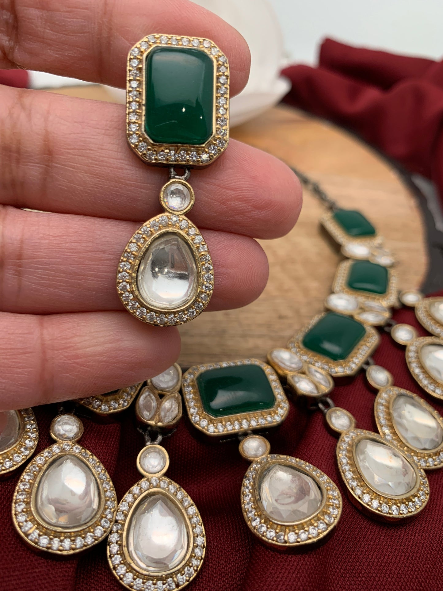 Kundan Uncut Diamond Finish Green Stone Necklace