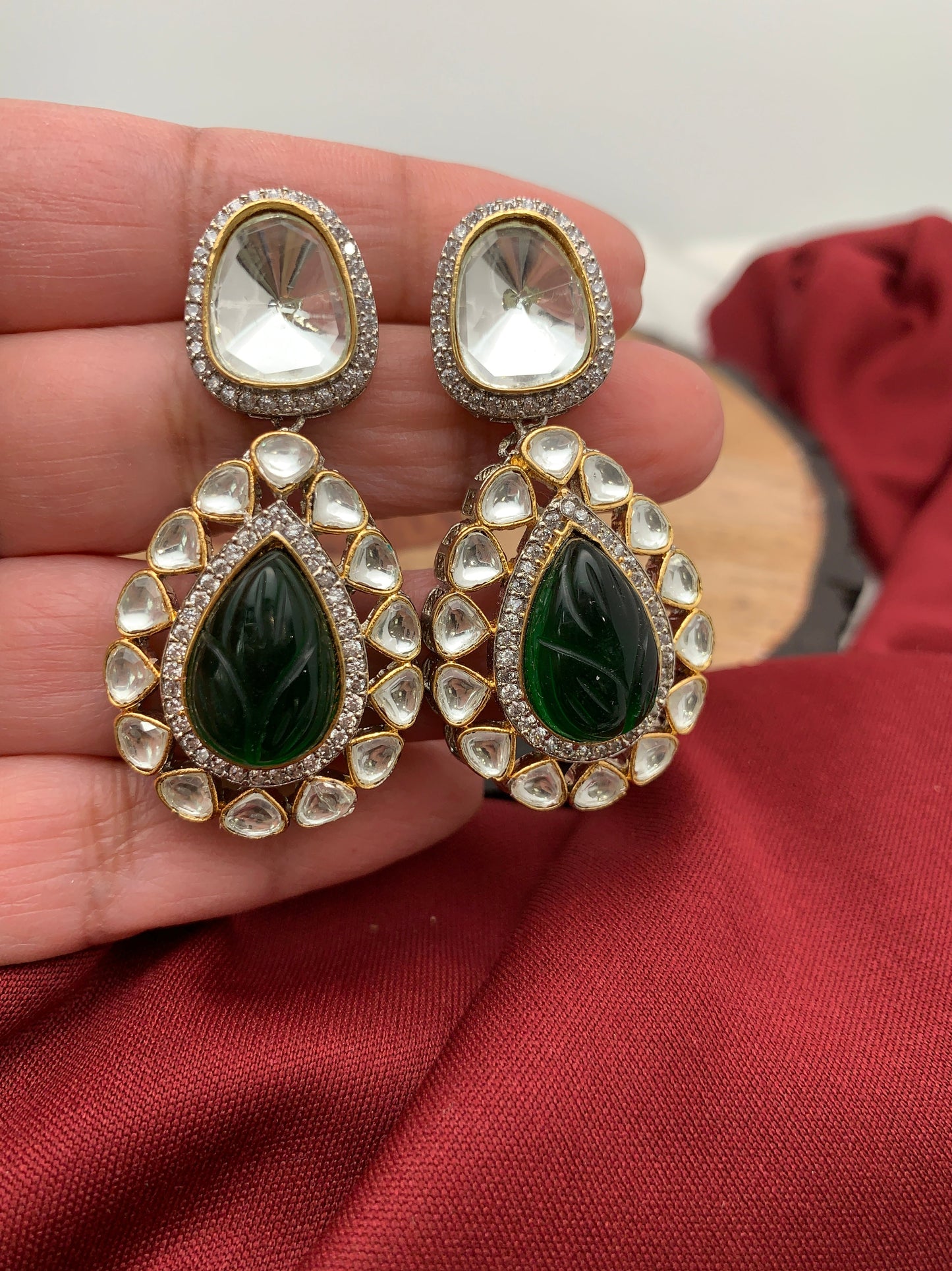 Uncut Diamond Polki Kundan Green Carved Stone Silver Polish Short Necklace