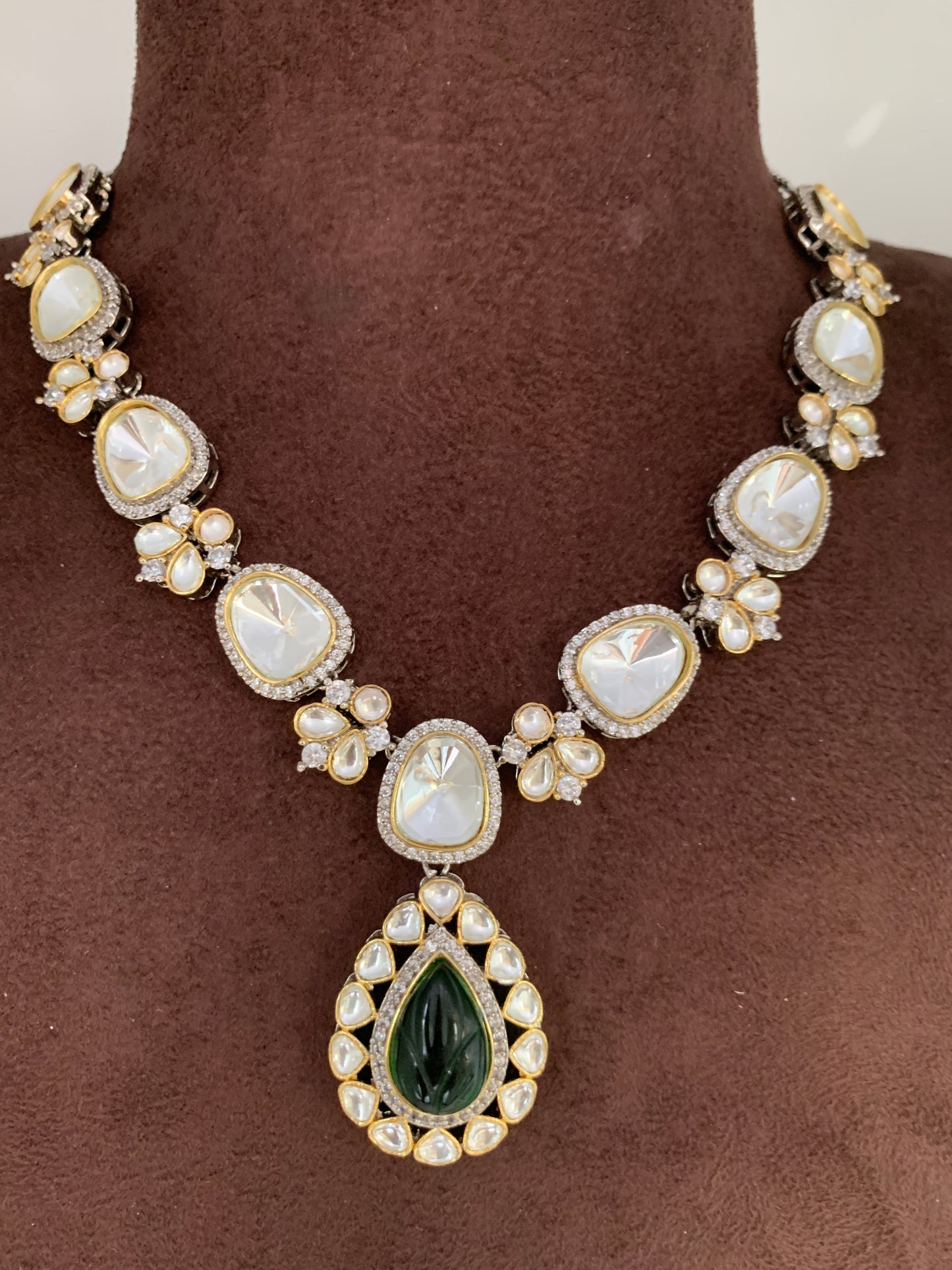 Uncut Diamond Polki Kundan Green Carved Stone Silver Polish Short Necklace