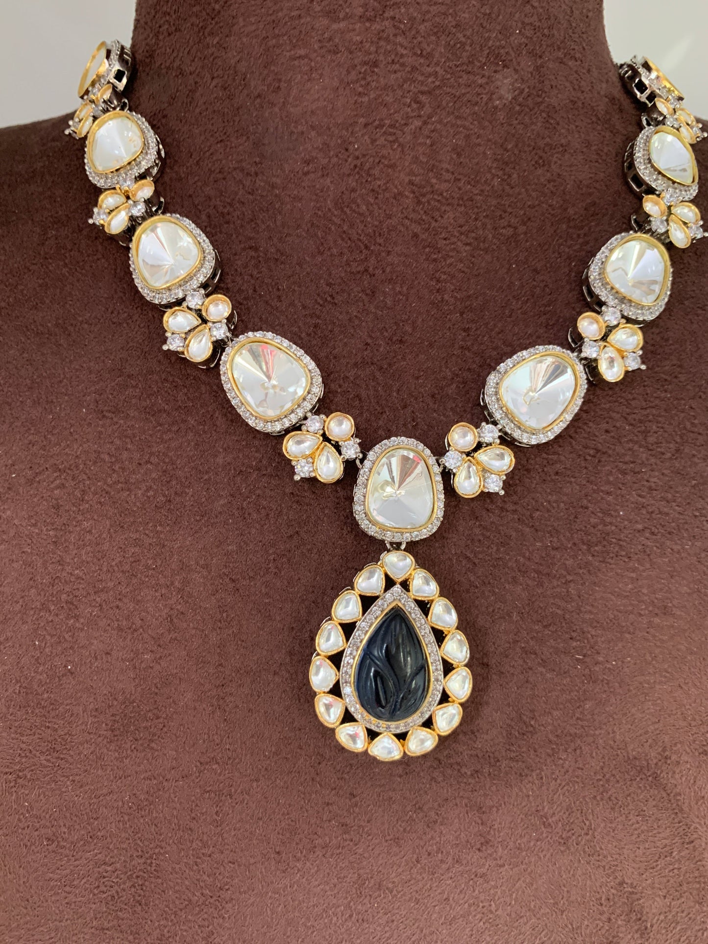 Uncut Diamond Polki Kundan Blue Carved Stone Silver Polish Short Necklace