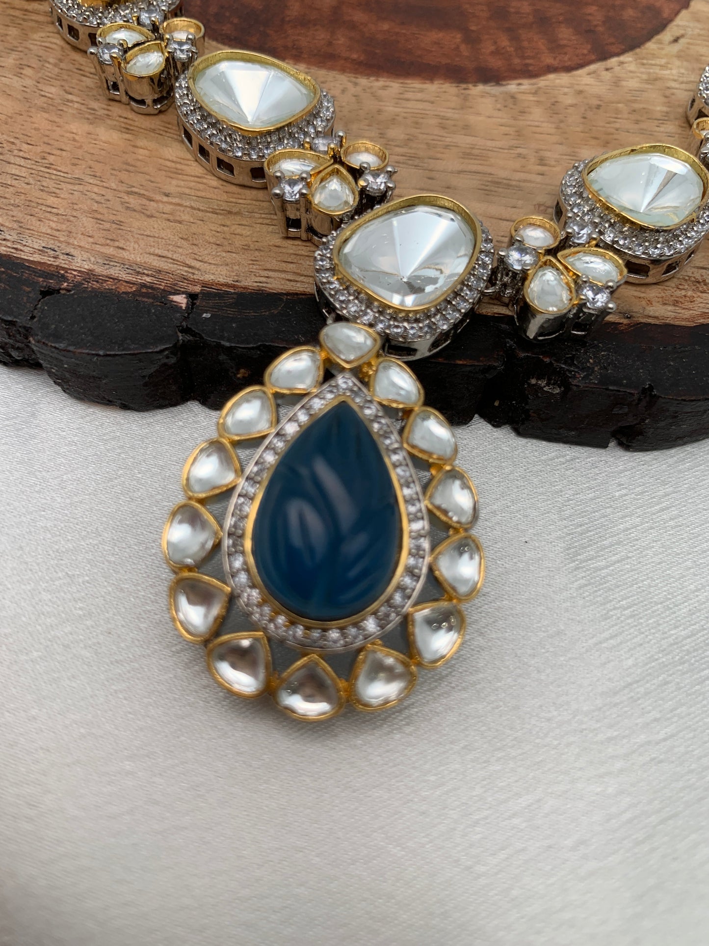 Uncut Diamond Polki Kundan Blue Carved Stone Silver Polish Short Necklace