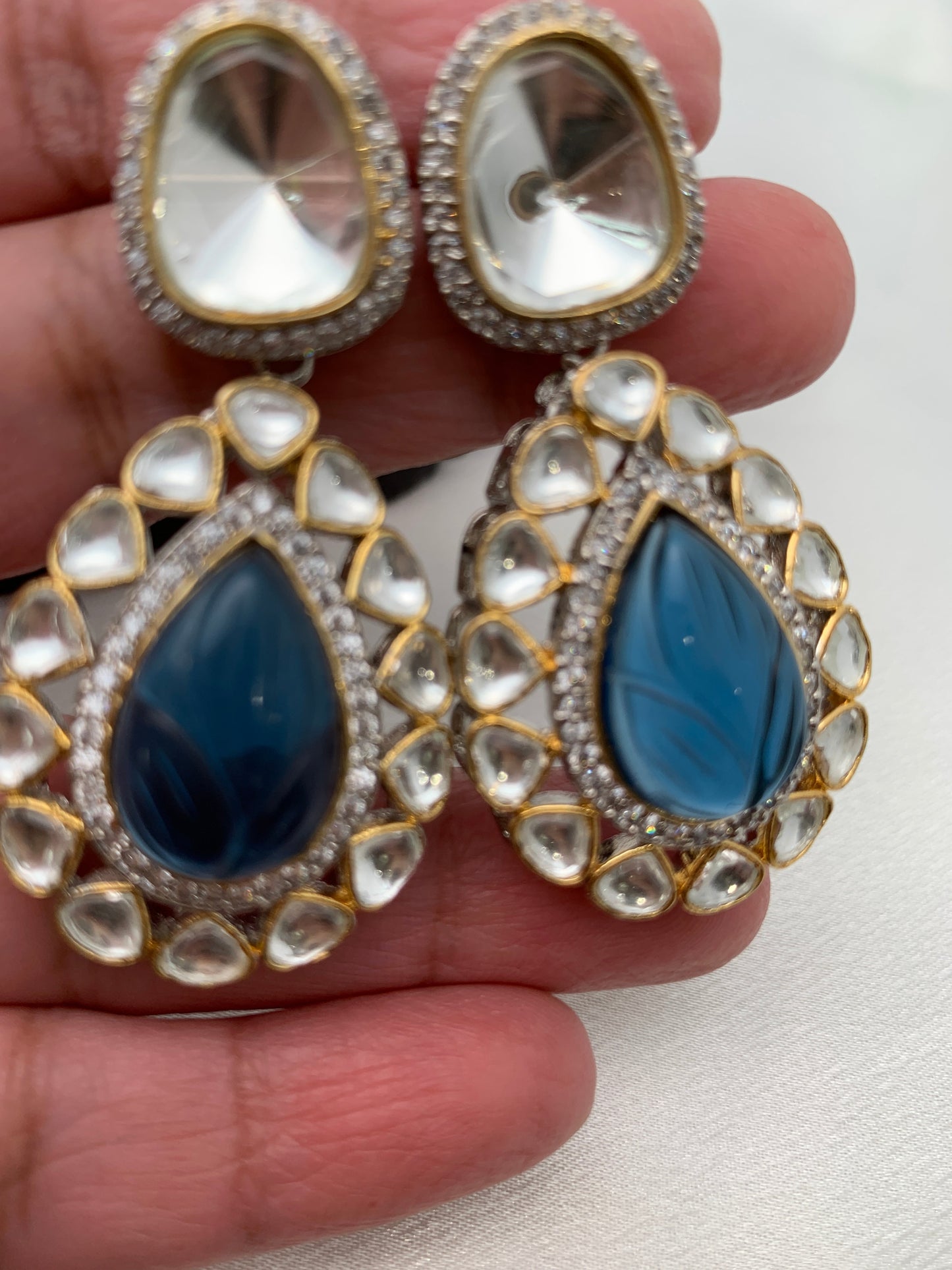 Uncut Diamond Polki Kundan Blue Carved Stone Silver Polish Short Necklace