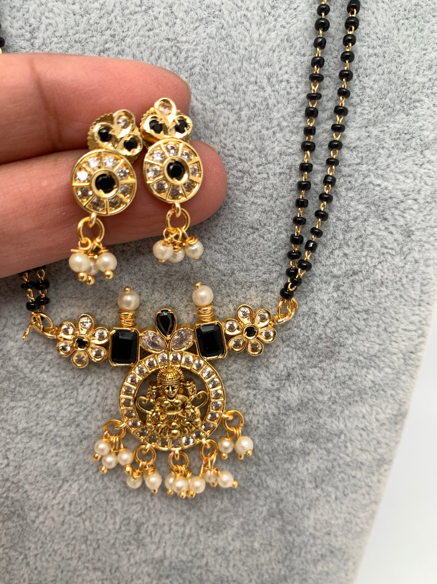 Goddess Lakshmi CZ Black Stone Mangalsutra