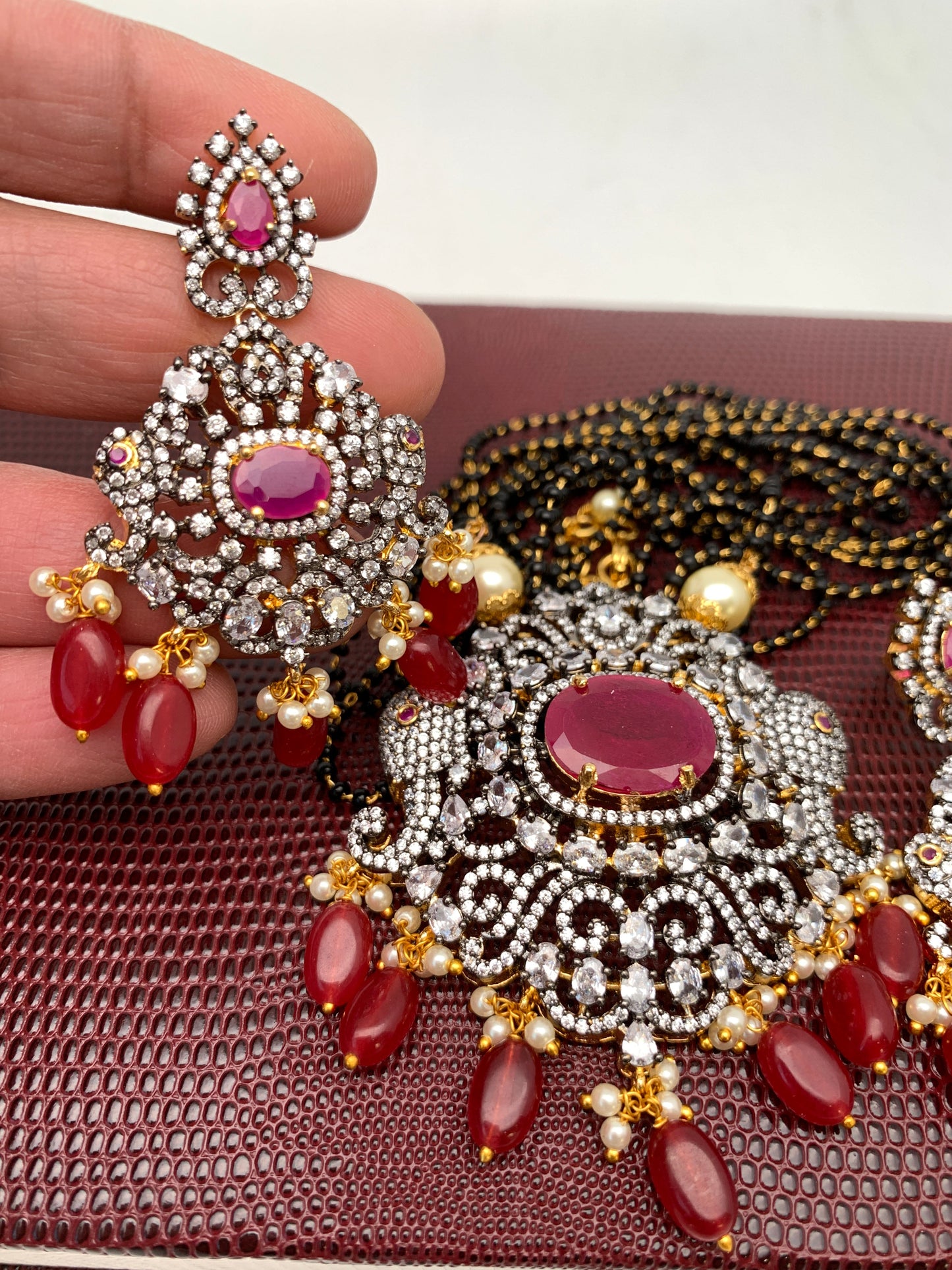 AD Red Stone Red Beads Dual Tone Mangalsutra