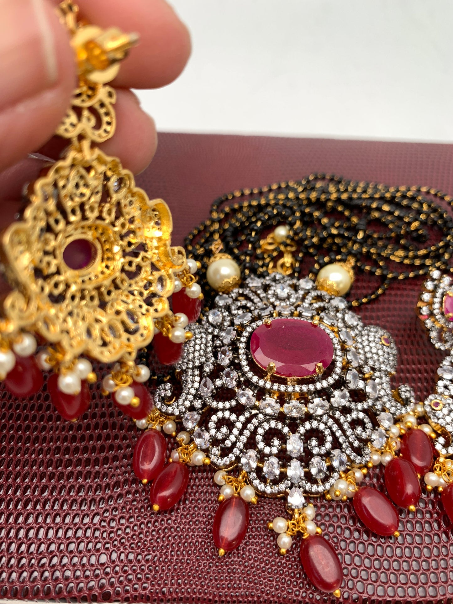 AD Red Stone Red Beads Dual Tone Mangalsutra