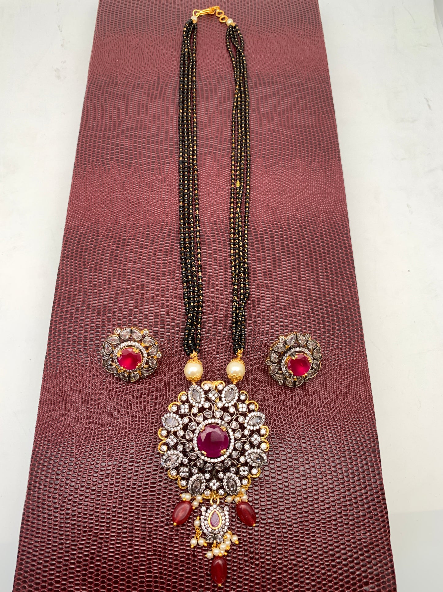 AD Red Stone Red Beads Dual Tone Mangalsutra