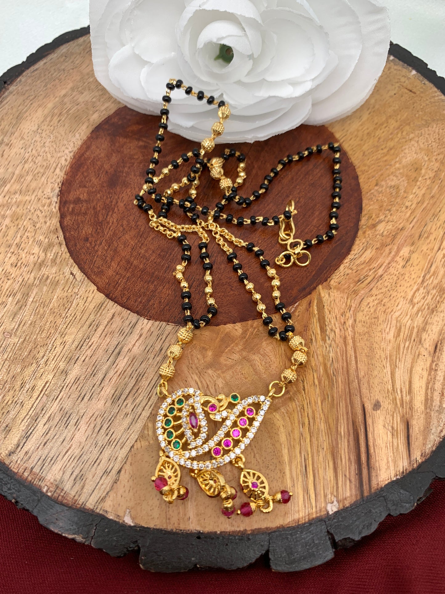 Peacock AD Golden Black Beads Red Green Stone Mangalsutra