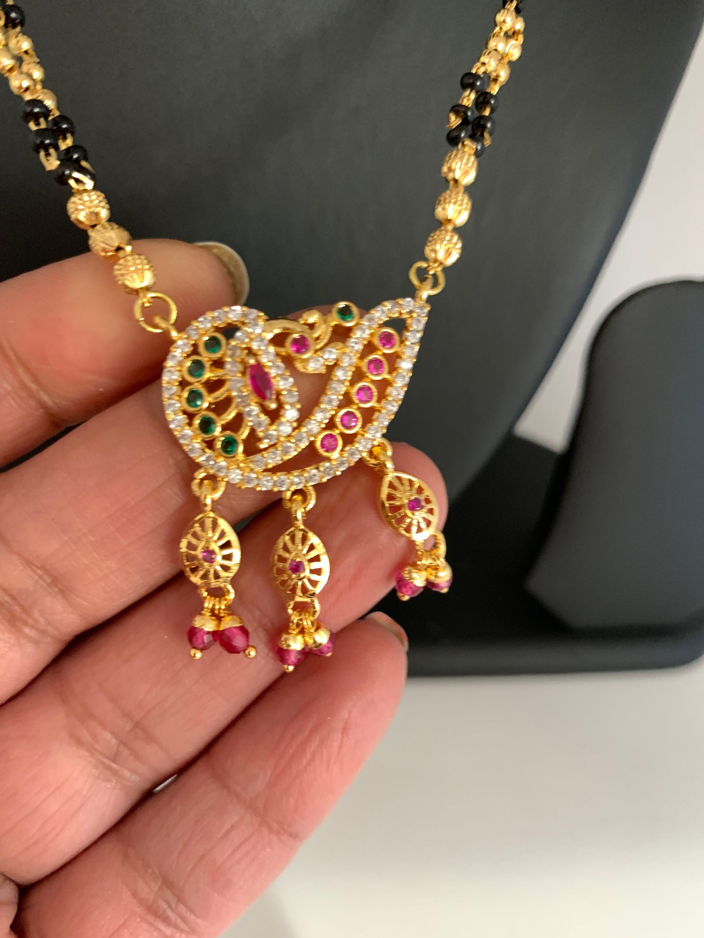 Peacock AD Golden Black Beads Red Green Stone Mangalsutra