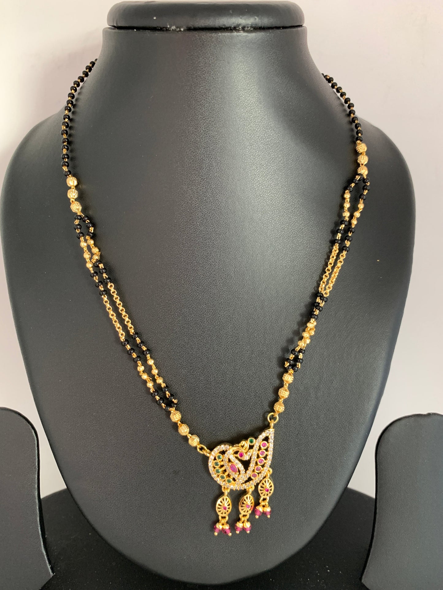 Peacock AD Golden Black Beads Red Green Stone Mangalsutra