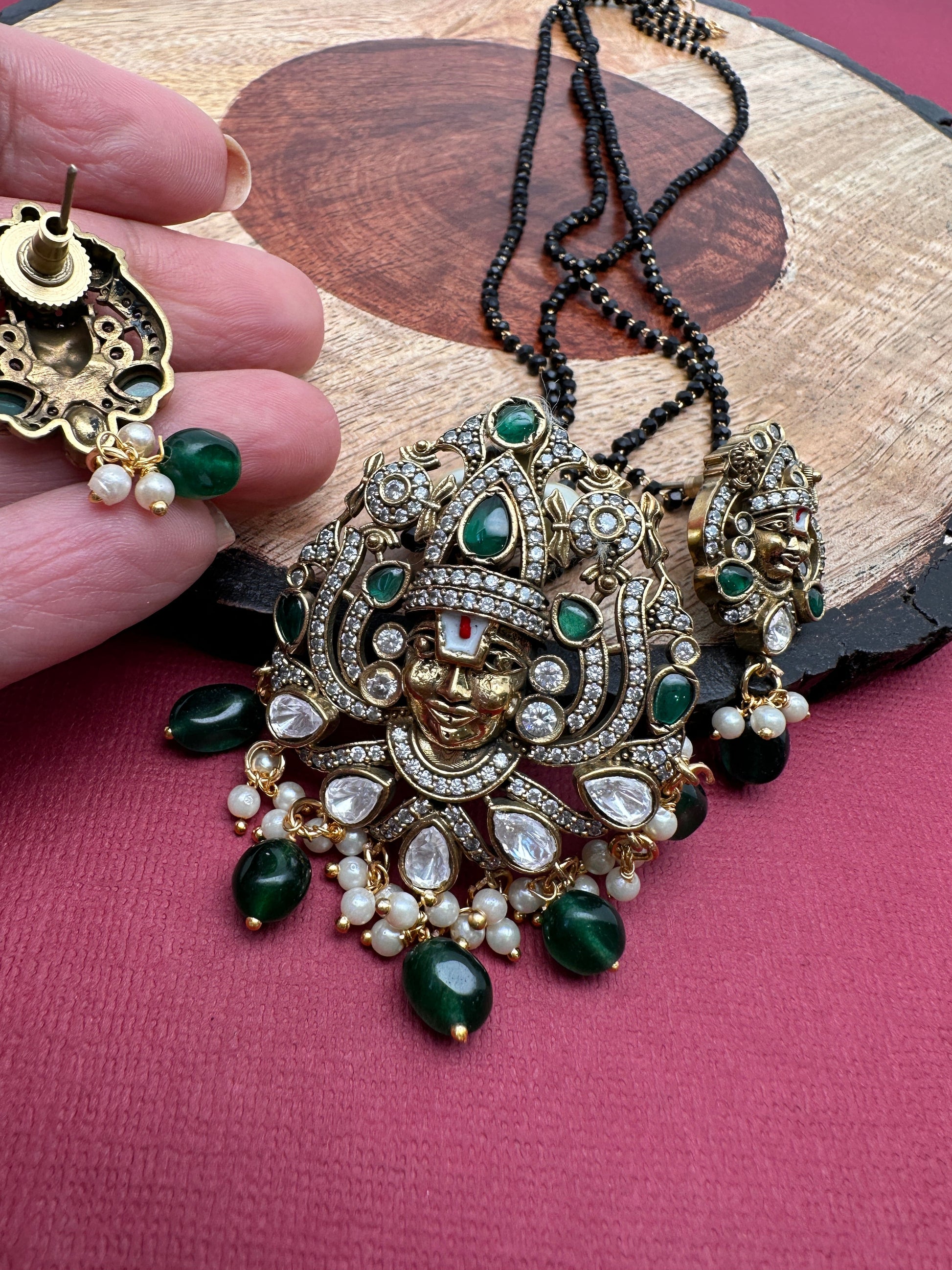 Lord Balaji Color Stone Color Beads Mangalsutra Necklace - Green