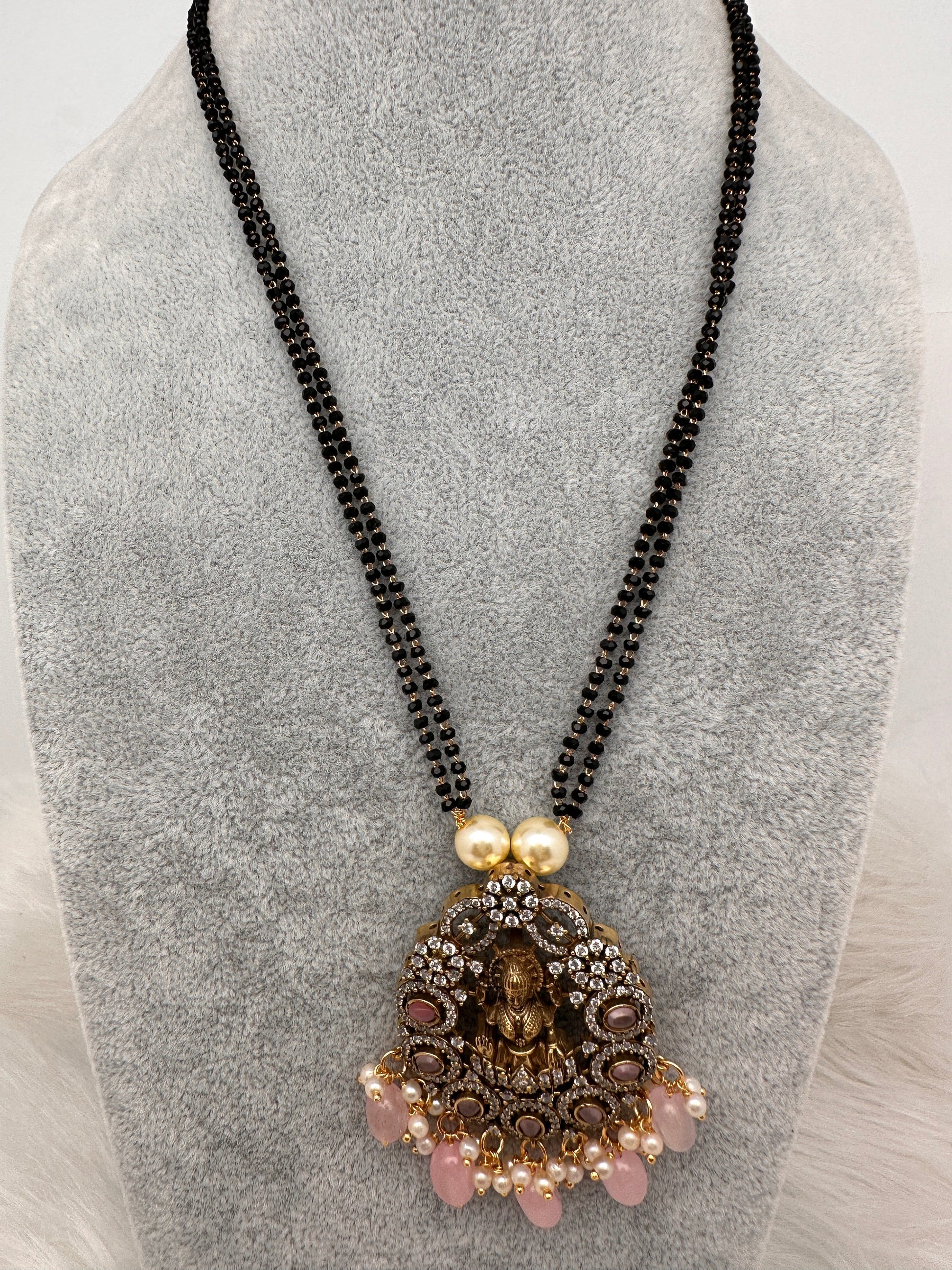 Goddess Lakshmi Color Stone Color Beads Mangalsutra Necklace - Pink