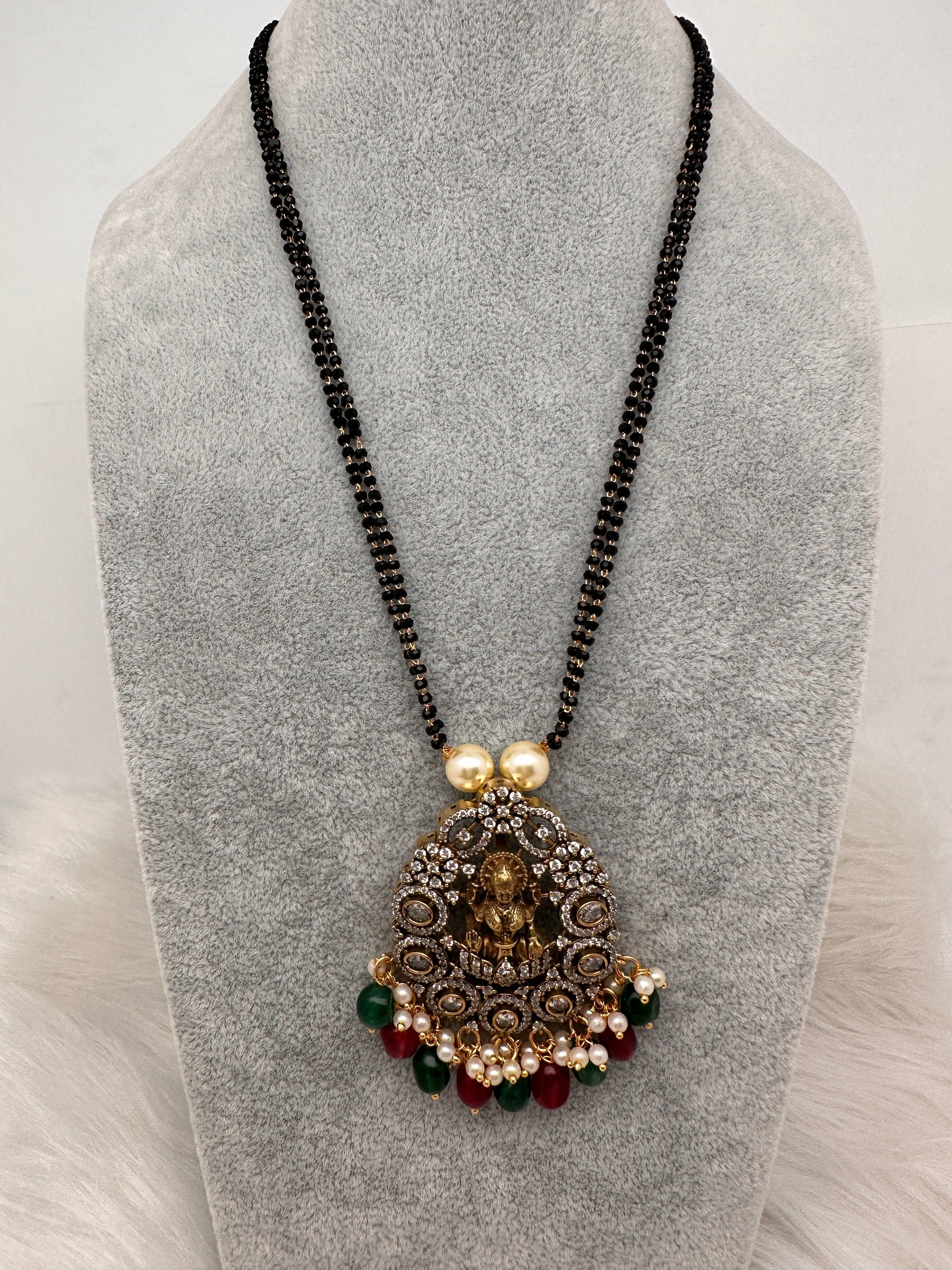 Goddess Lakshmi Color Stone Color Beads Mangalsutra Necklace - Red