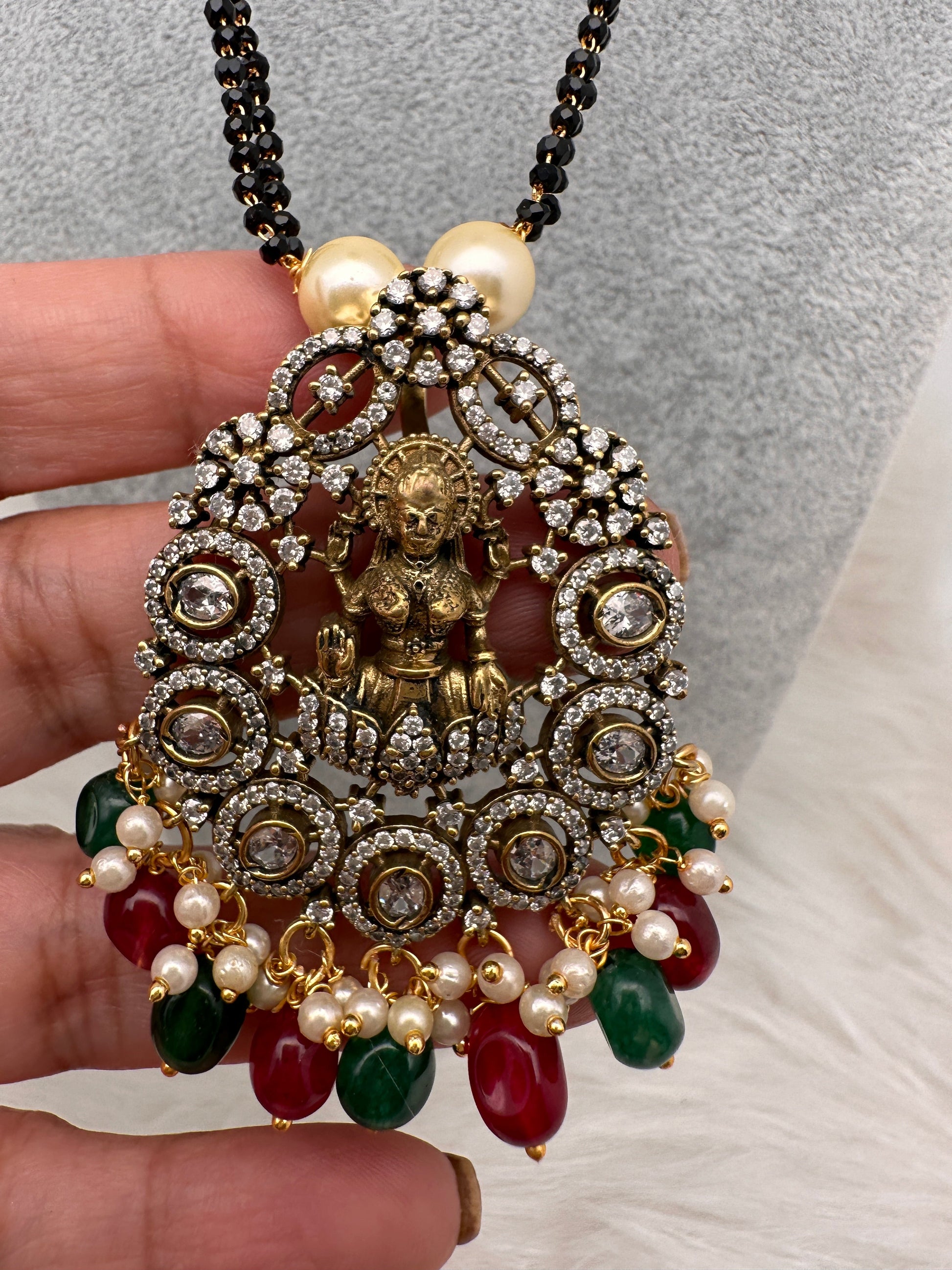 Goddess Lakshmi Color Stone Color Beads Mangalsutra Necklace - Red
