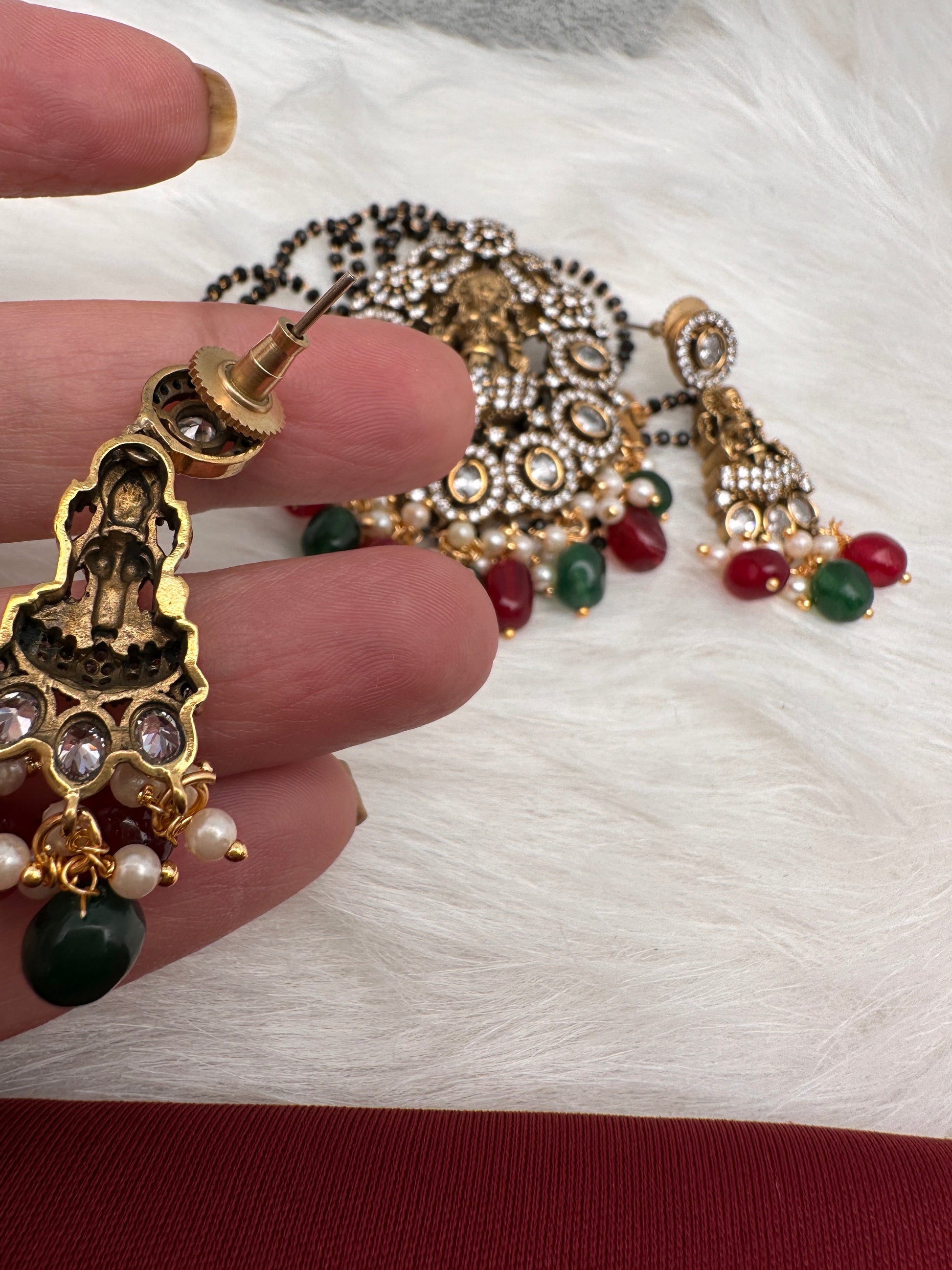 Goddess Lakshmi Color Stone Color Beads Mangalsutra Necklace - Red