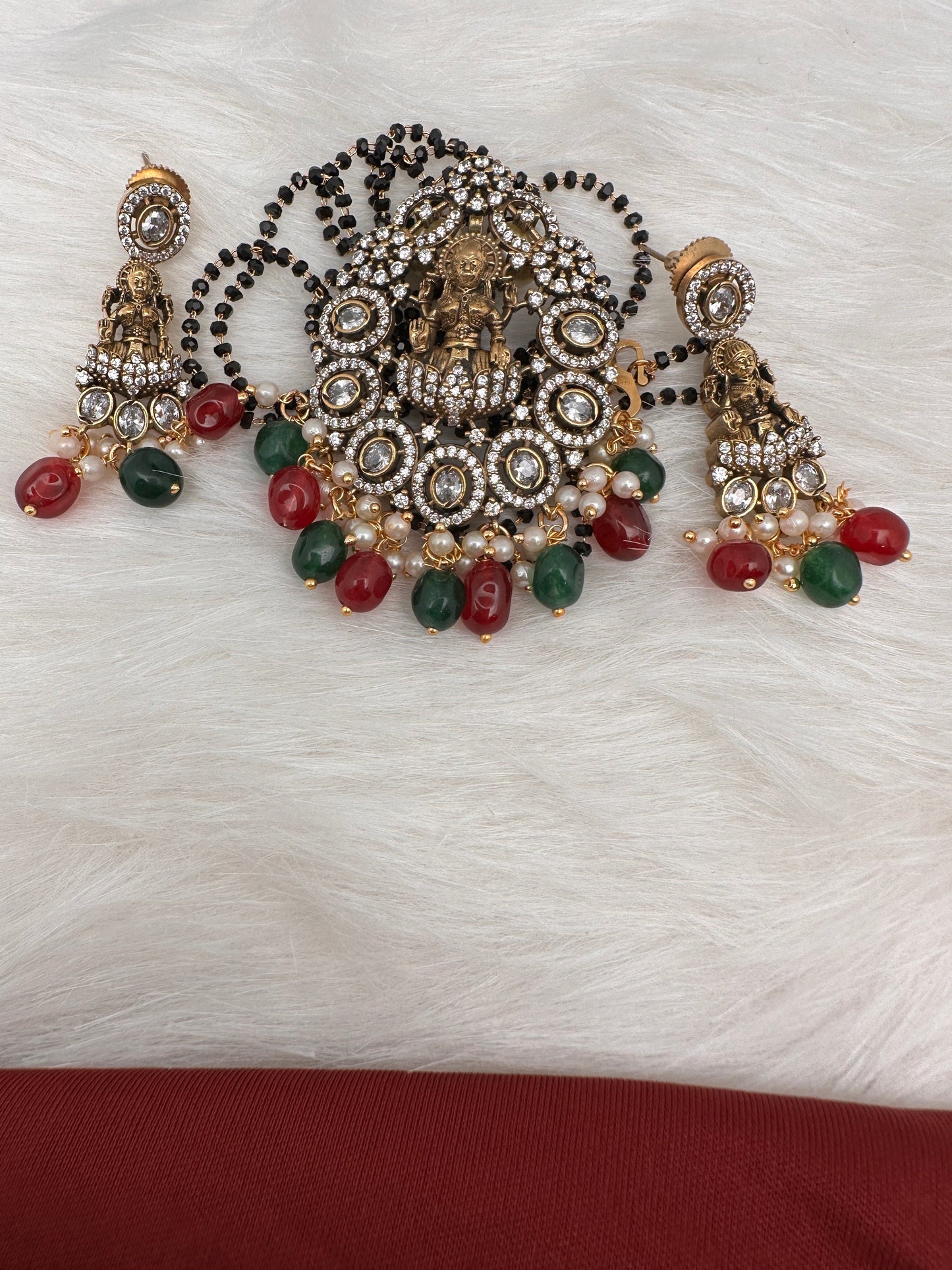 Goddess Lakshmi Color Stone Color Beads Mangalsutra Necklace - Red