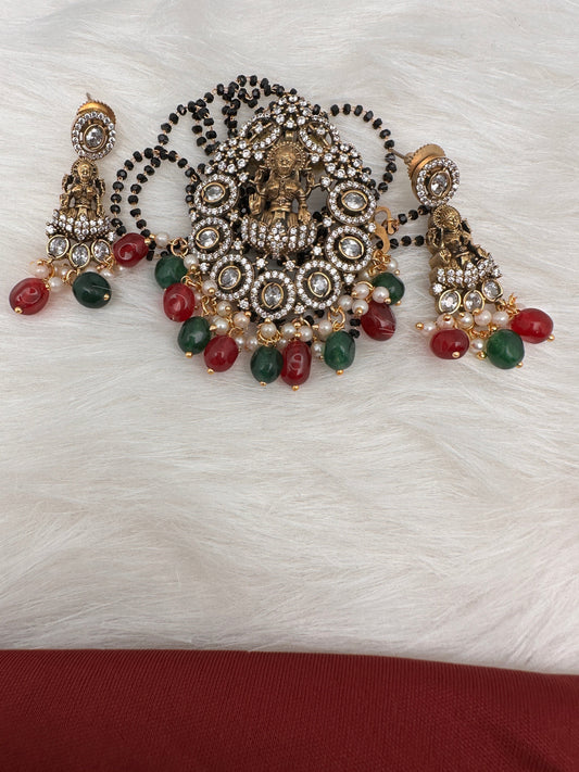 Goddess Lakshmi Color Stone Color Beads Mangalsutra Necklace - Red