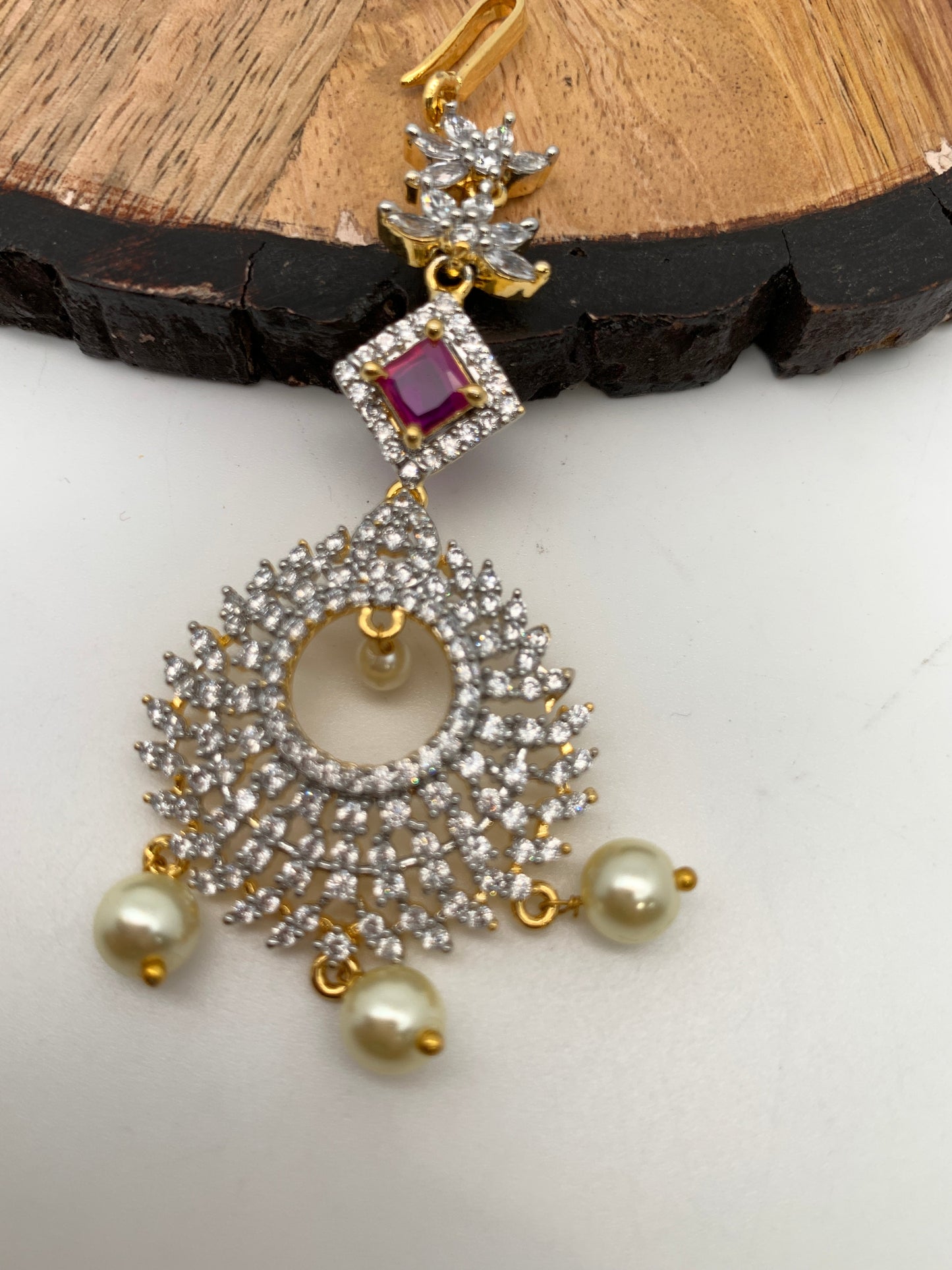 Ruby Red Stone AD Diamond Finish Maangteeka