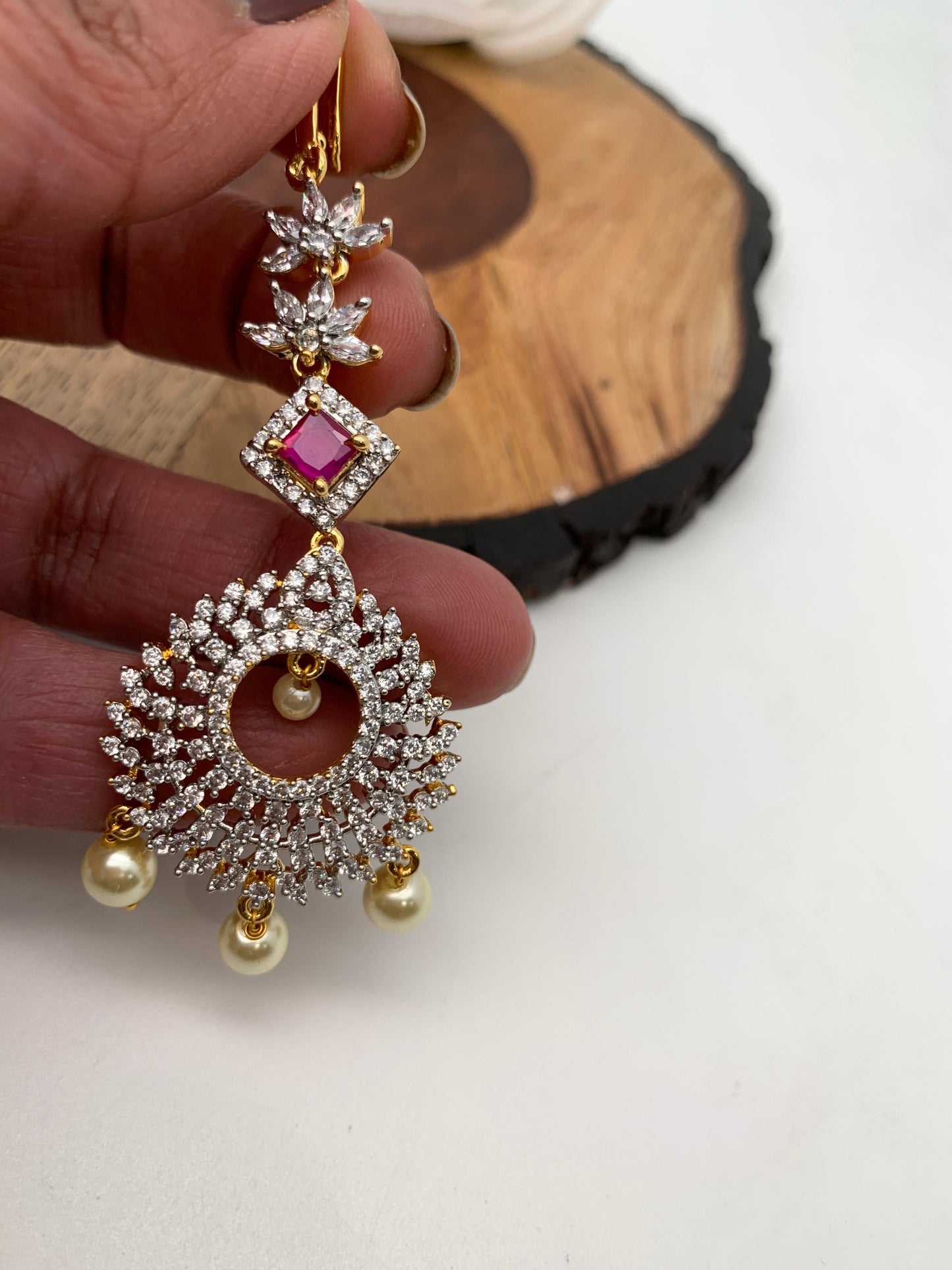 Ruby Red Stone AD Diamond Finish Maangteeka