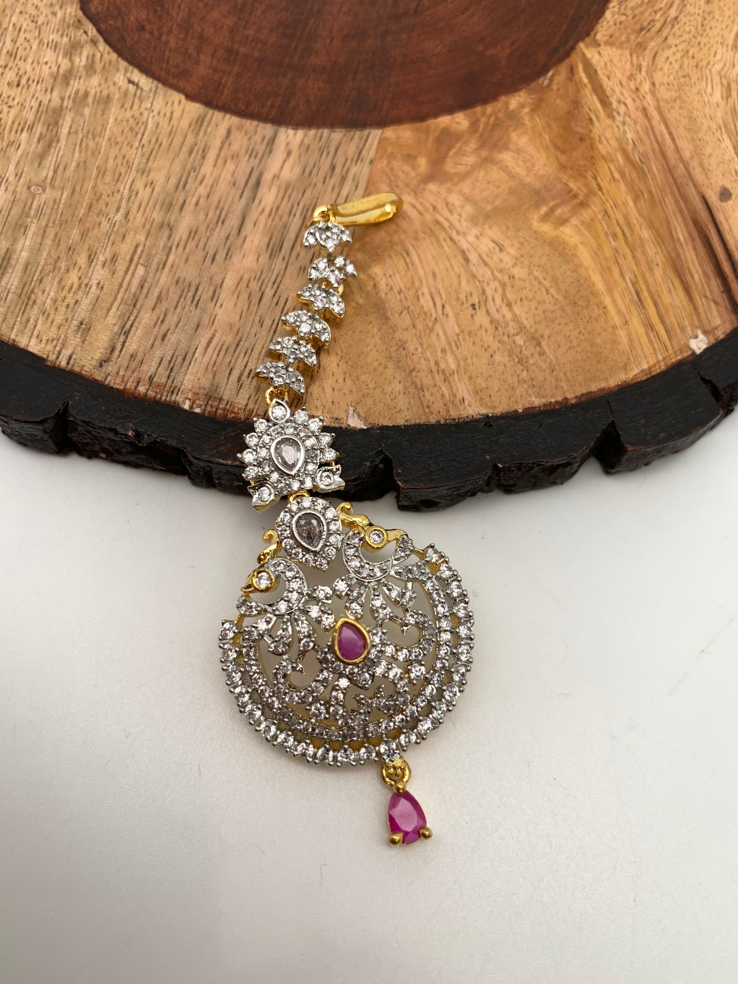 Ruby Red Stone AD Peacock Design Diamond Finish Maangteeka