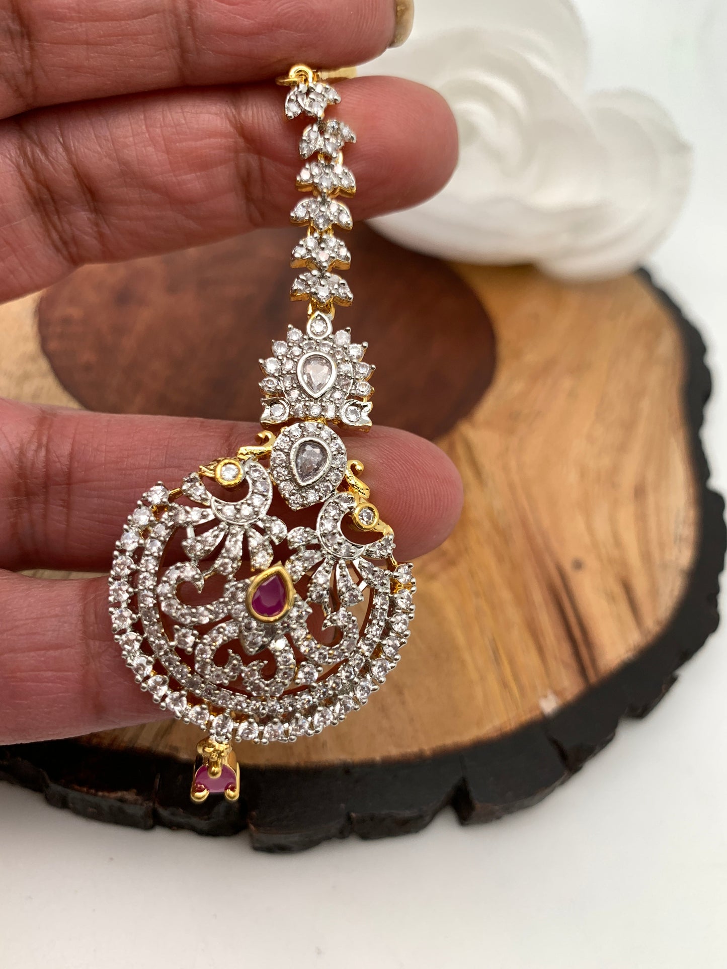 Ruby Red Stone AD Peacock Design Diamond Finish Maangteeka