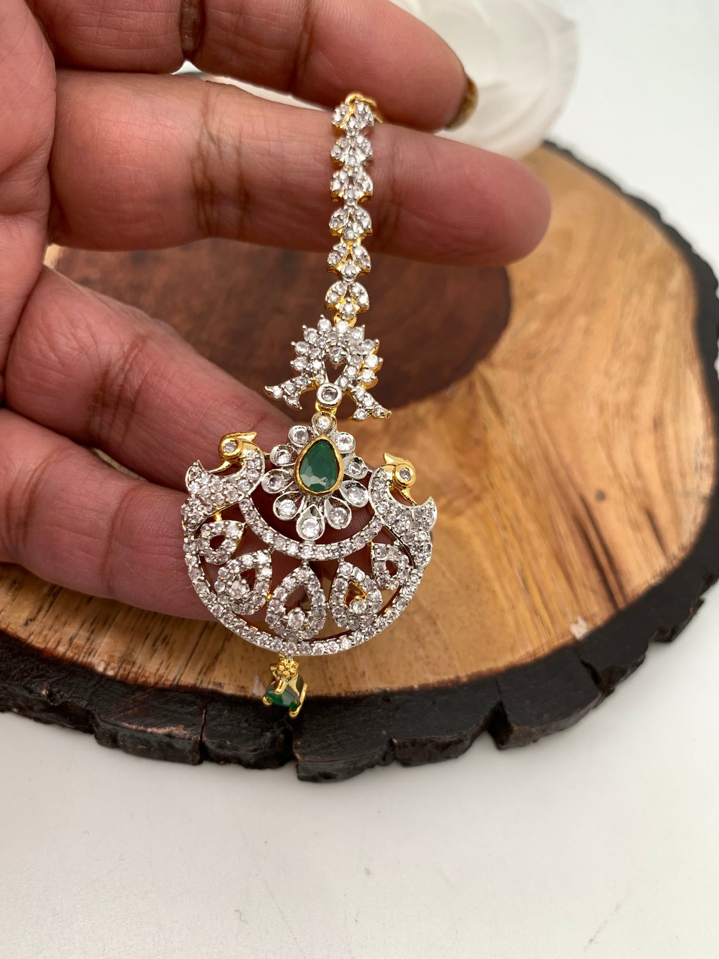 Emerald Green Stone AD Peacock Design Diamond Finish Maangteeka