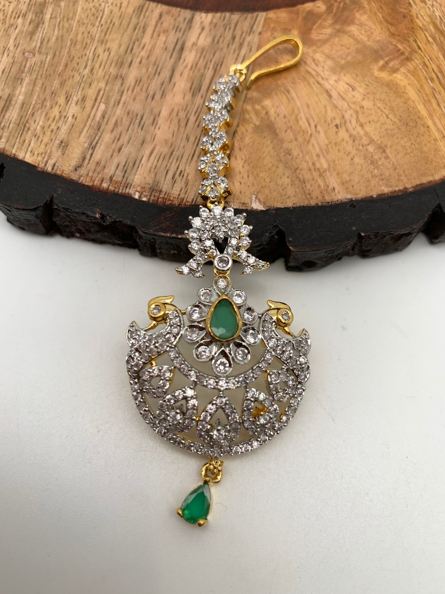 Emerald Green Stone AD Peacock Design Diamond Finish Maangteeka