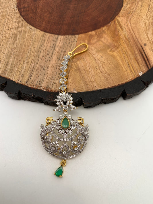 Emerald Green Stone AD Peacock Design Diamond Finish Maangteeka