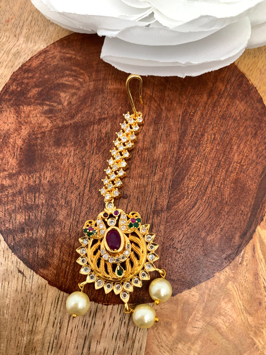 CZ Red Green Multi Stone Pearls Golden Maangteeka