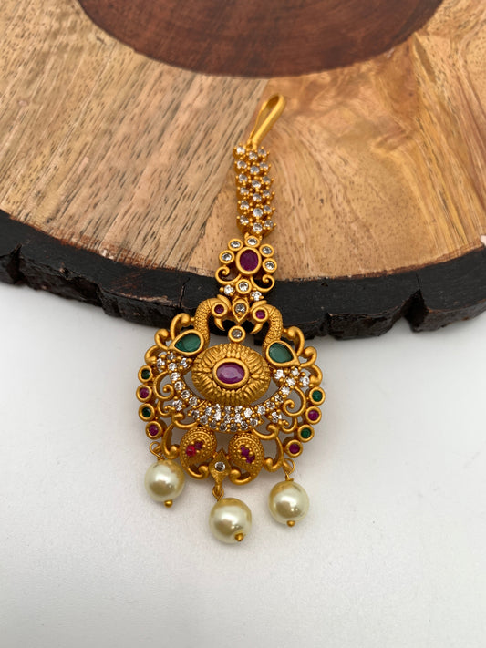 CZ Red Green Multi Stone Pearls Peacock Design Golden Maangteeka