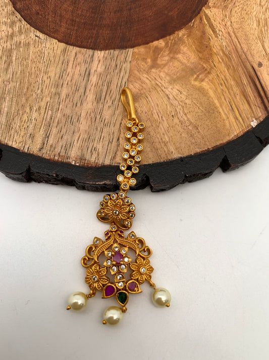 CZ Red Green Multi Stone Pearls Peacock Design Golden Maangteeka