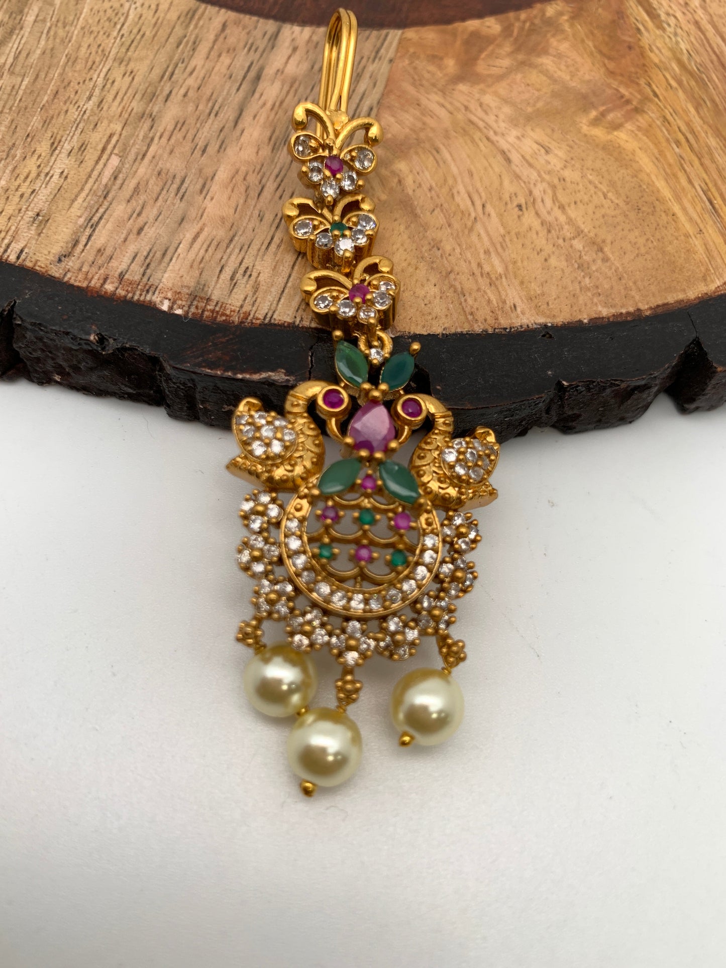 CZ Red Green Multi Stone Pearls Peacock Design Golden Maangteeka
