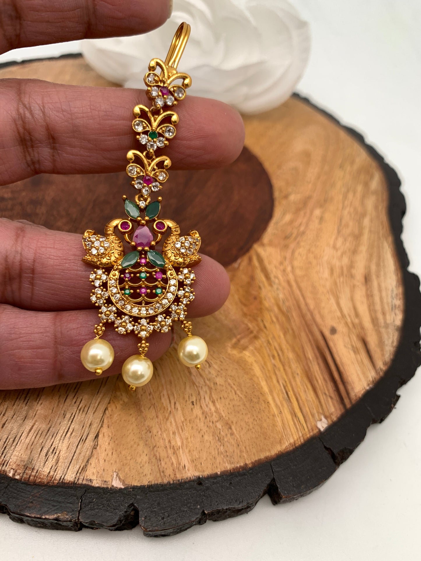 CZ Red Green Multi Stone Pearls Peacock Design Golden Maangteeka