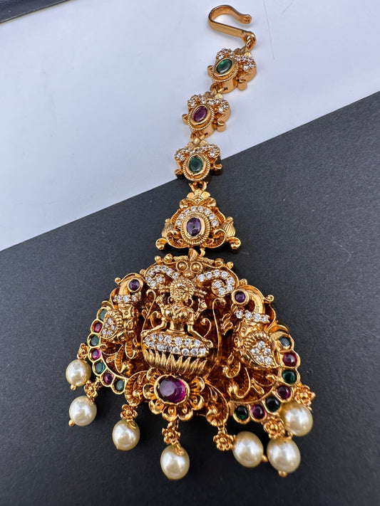 Goddess Lakshmi Red Green Stone Matte Finish Maangteeka