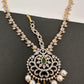 Diamond FinishPeacock Maangteeka Mathapatti with Red Stone