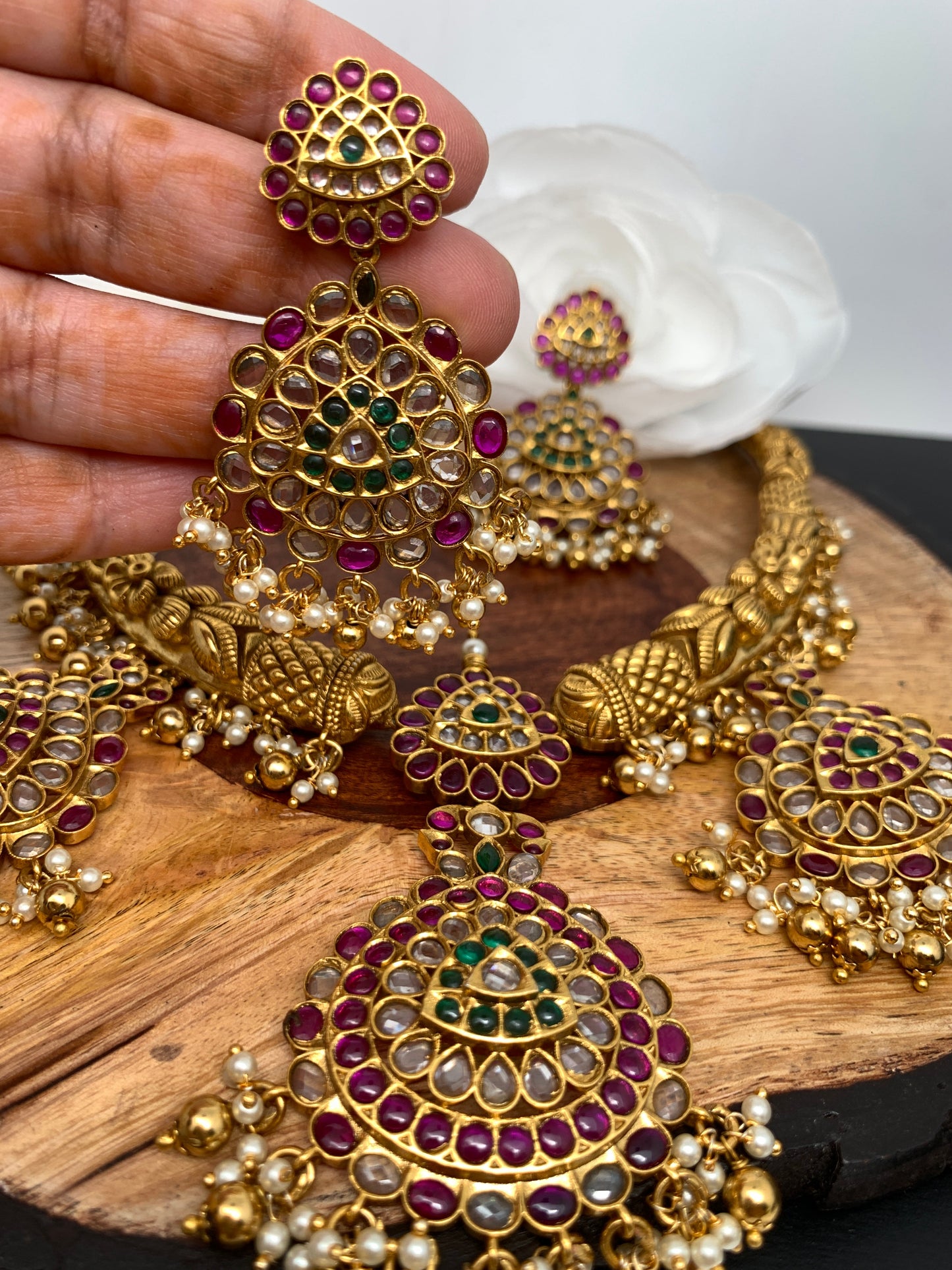 Kanthi Style CZ Red Stone Short Nakshi Necklace Set