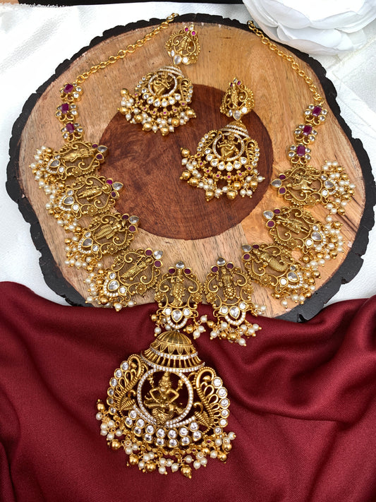 Dashavataram CZ Red Stone Matte Finish Short Nakshi Necklace Set