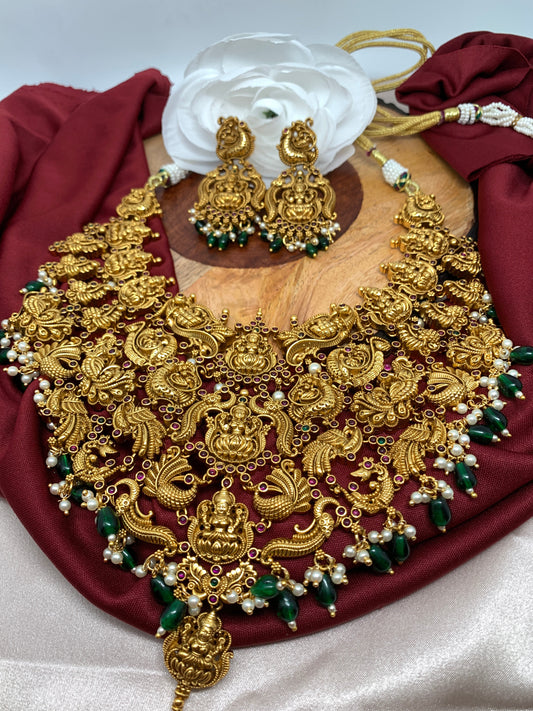 Goddess Lakshmi Peacock Matte Finish Short Nakshi Necklace Set