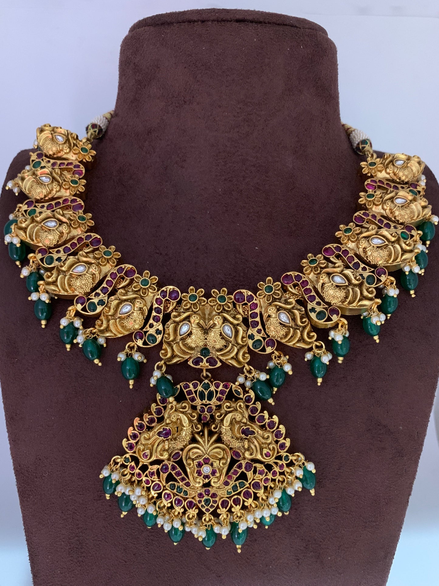 Peacock Floral Nakshi Green Beads Short Necklace