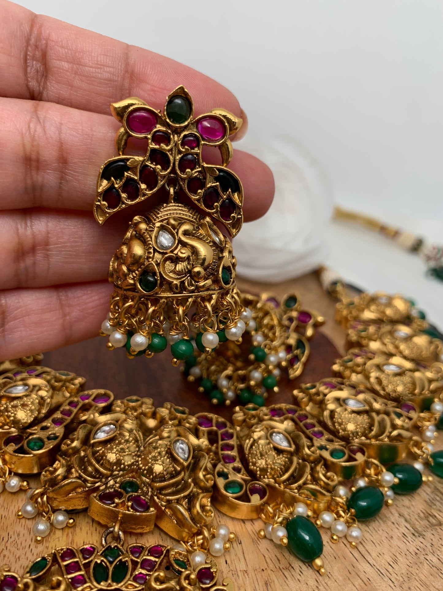 Peacock Floral Nakshi Green Beads Short Necklace