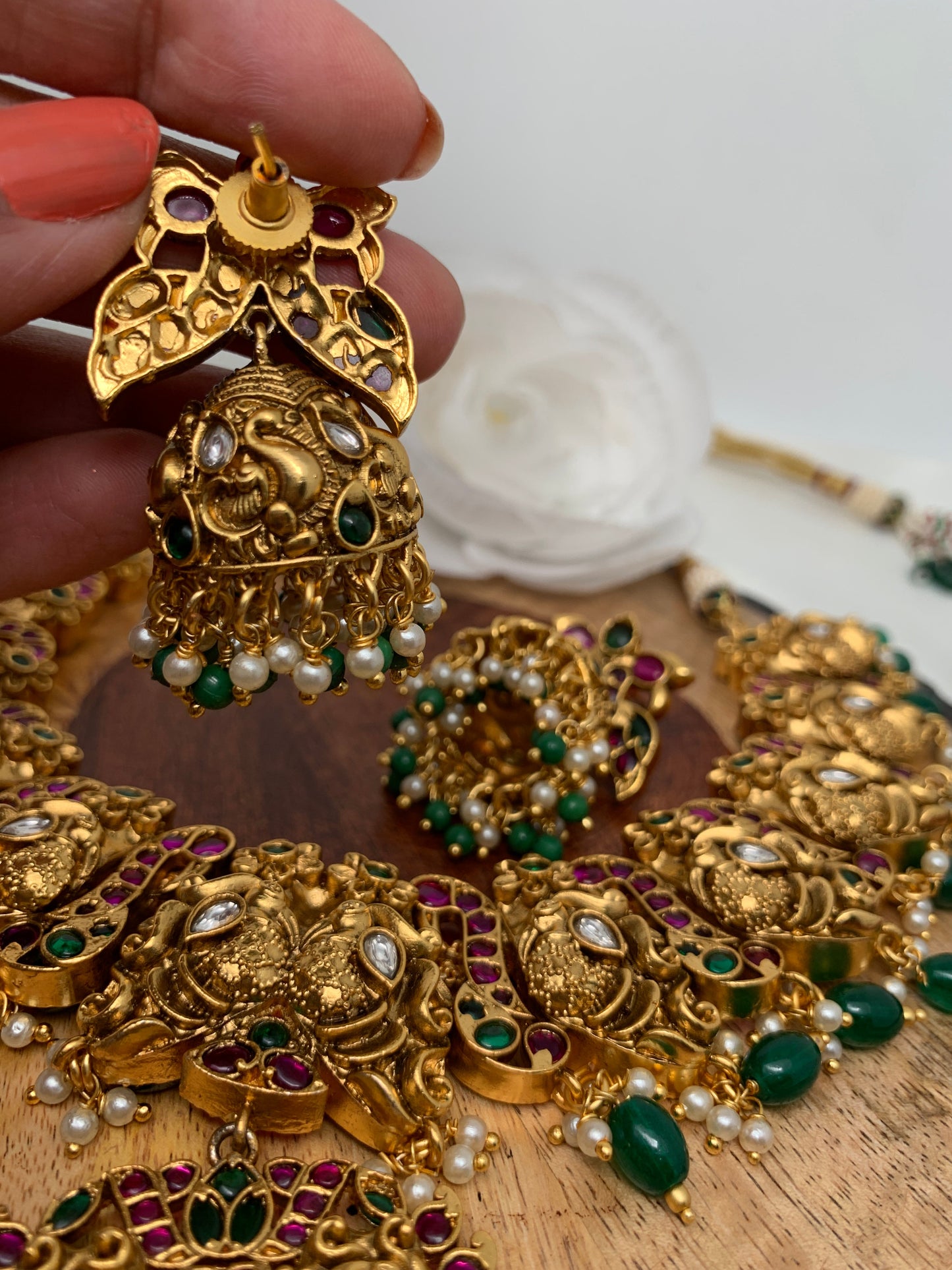 Peacock Floral Nakshi Green Beads Short Necklace