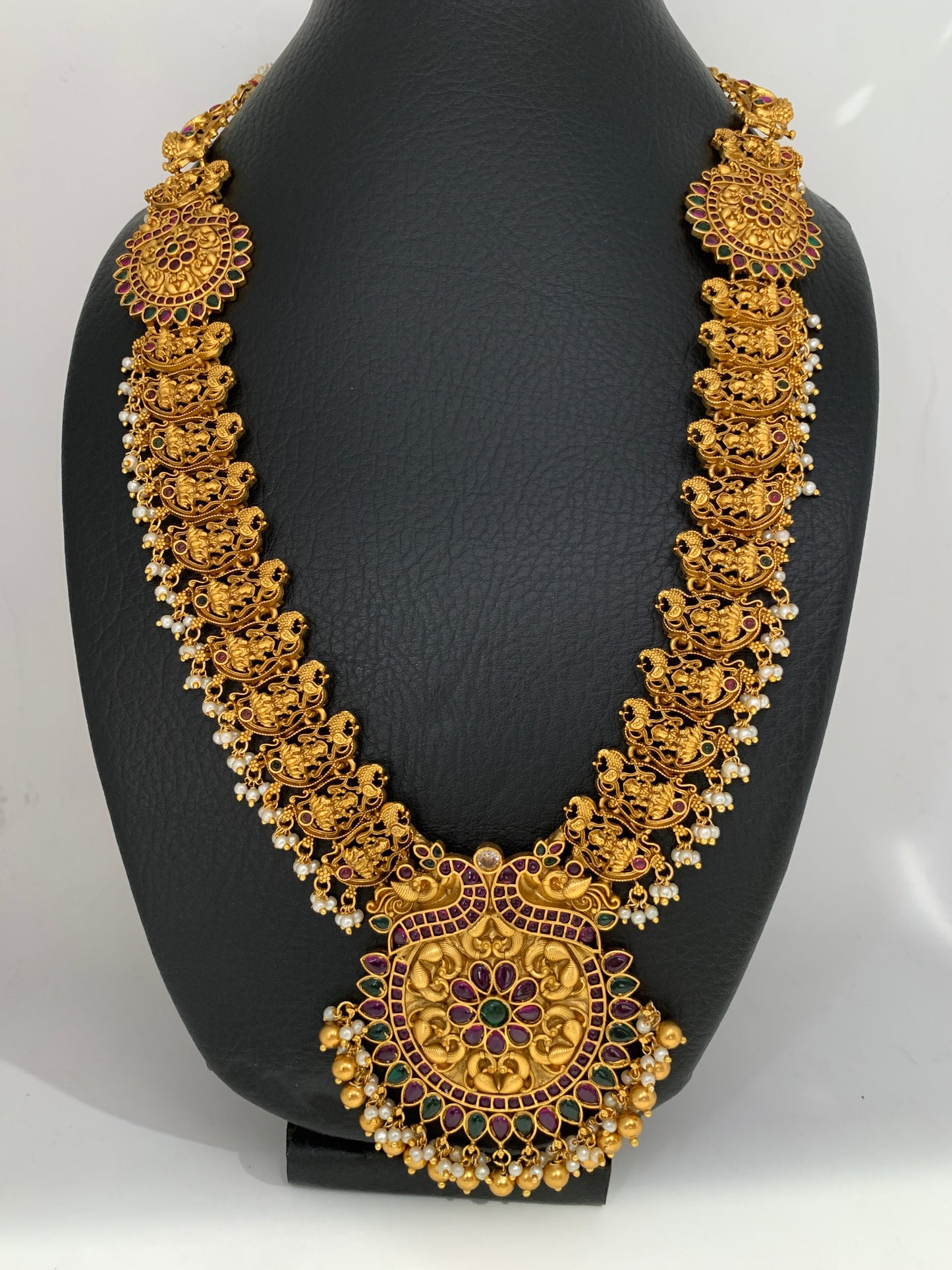 Goddess Lakshmi Floral Red Green Stone Nakshi Long Necklace