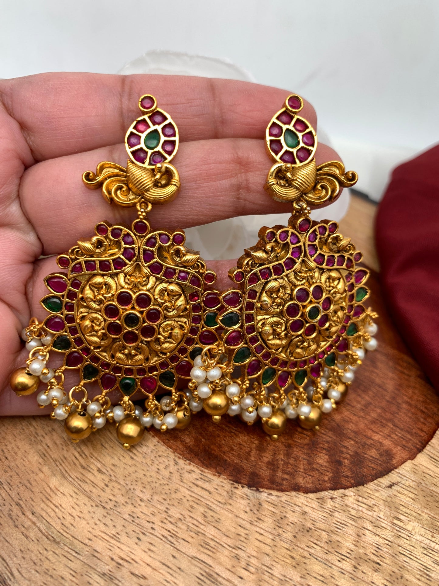 Goddess Lakshmi Floral Red Green Stone Nakshi Long Necklace