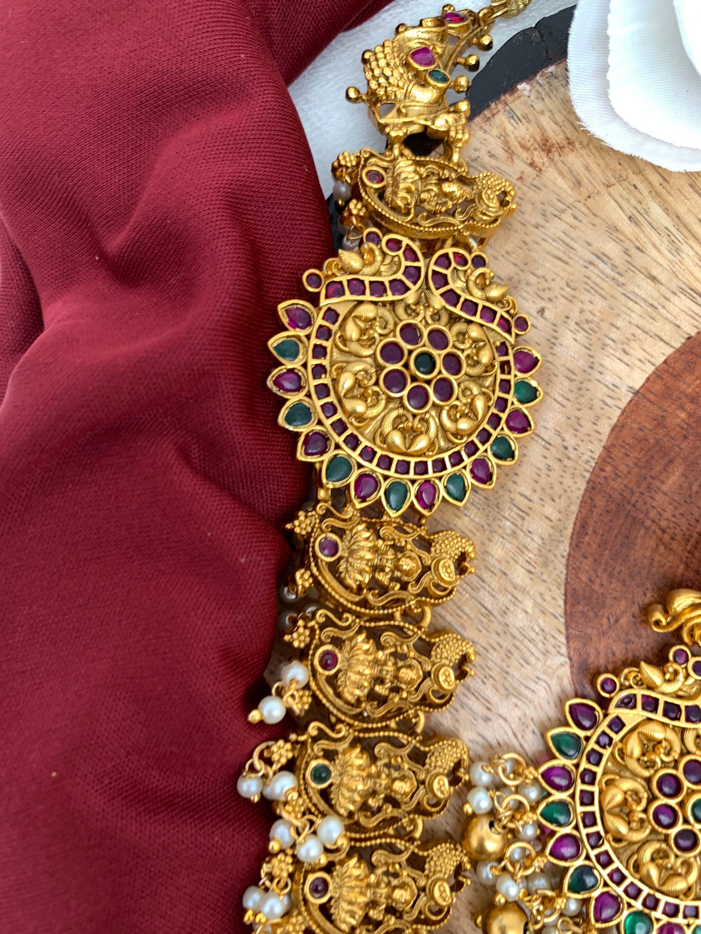 Goddess Lakshmi Floral Red Green Stone Nakshi Long Necklace