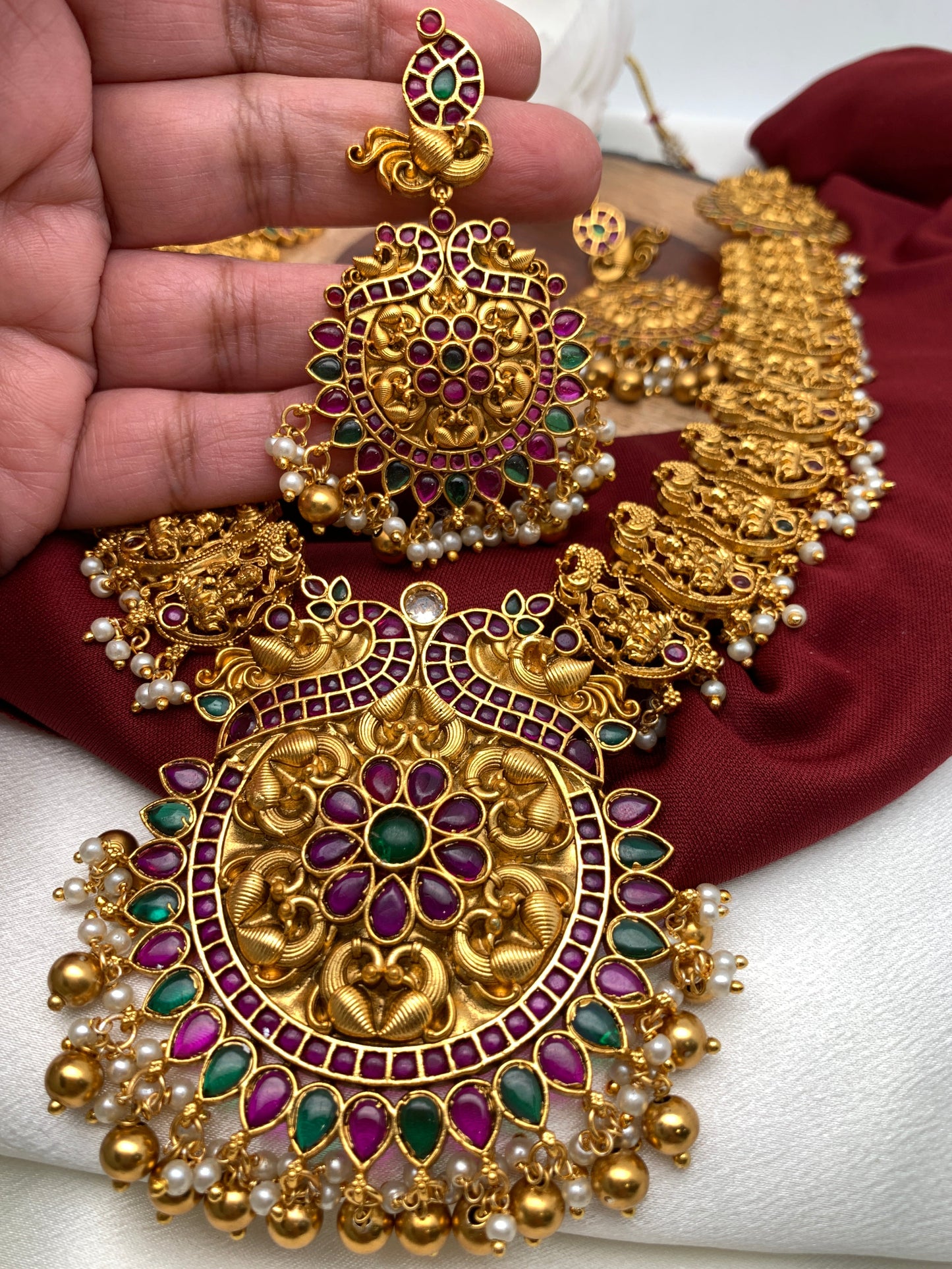 Goddess Lakshmi Floral Red Green Stone Nakshi Long Necklace