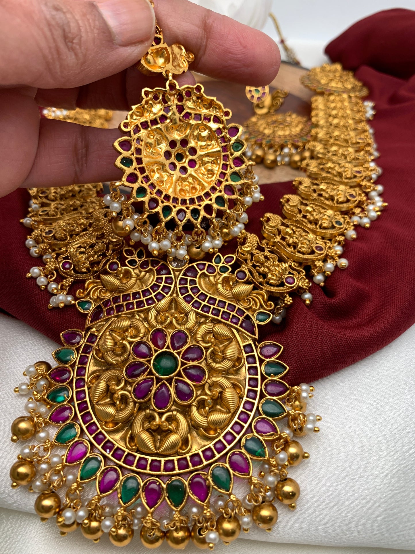 Goddess Lakshmi Floral Red Green Stone Nakshi Long Necklace