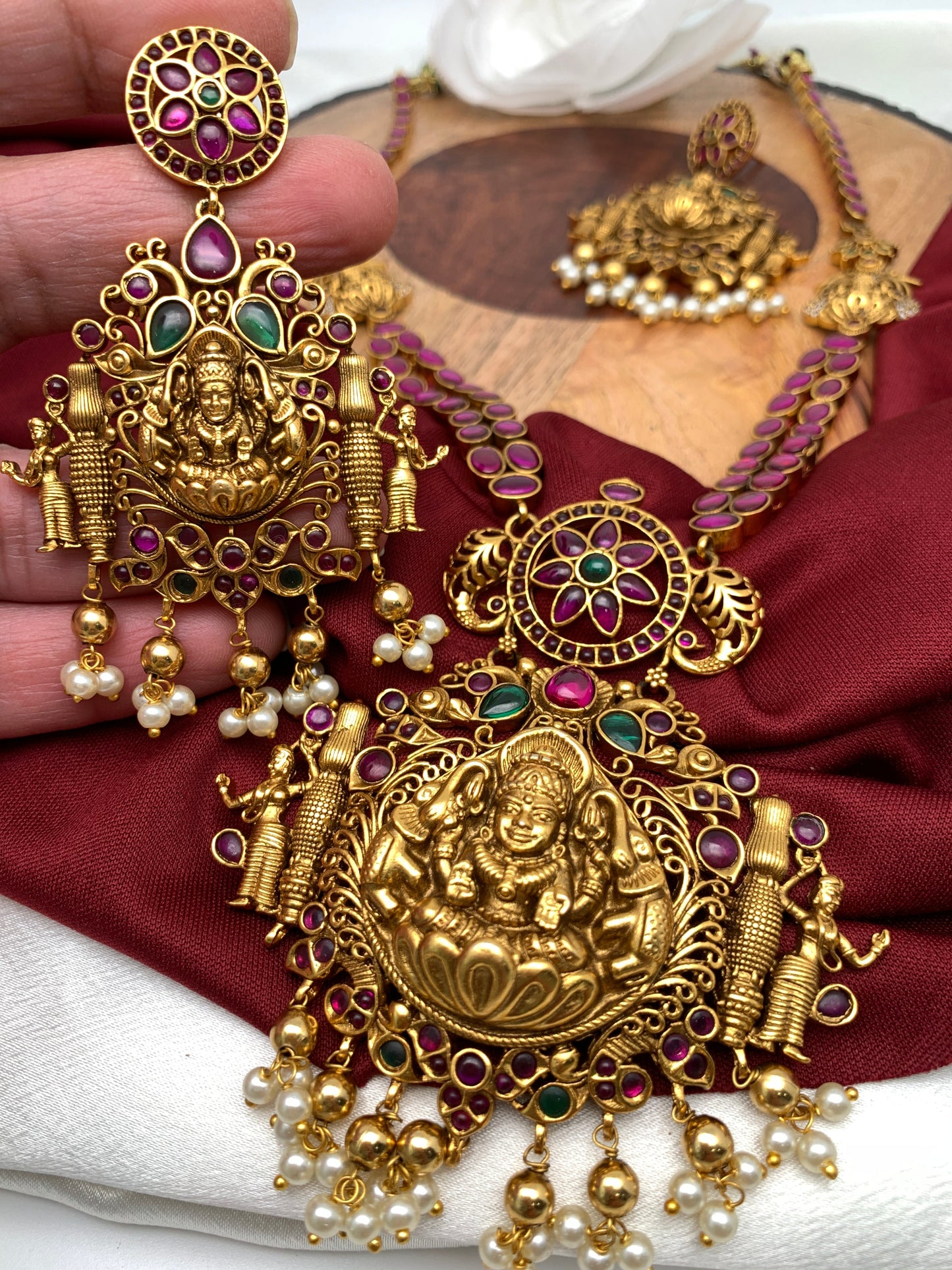 Goddess Lakshmi Red Kemp Matte Finish Nakshi Long Mala