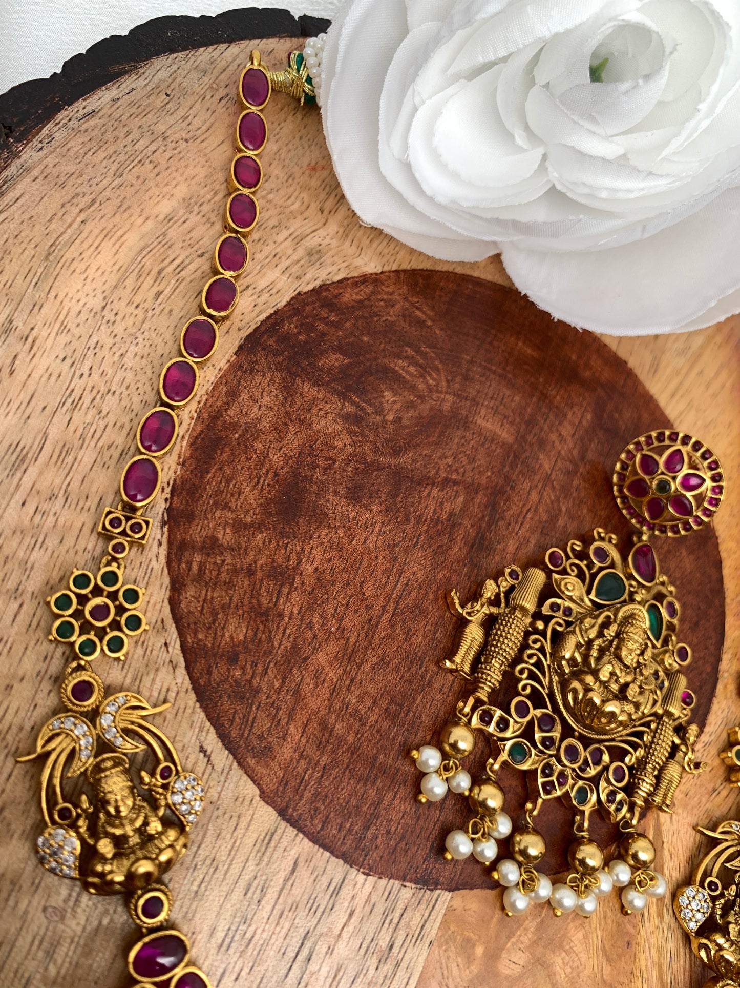 Goddess Lakshmi Red Kemp Matte Finish Nakshi Long Mala