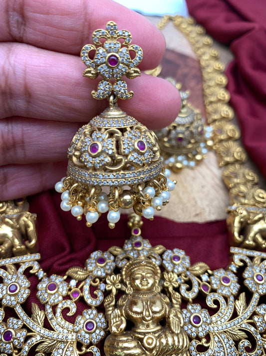 Goddess Lakshmi CZ Red Stone Matte Finish Long Nakshi Necklace Set