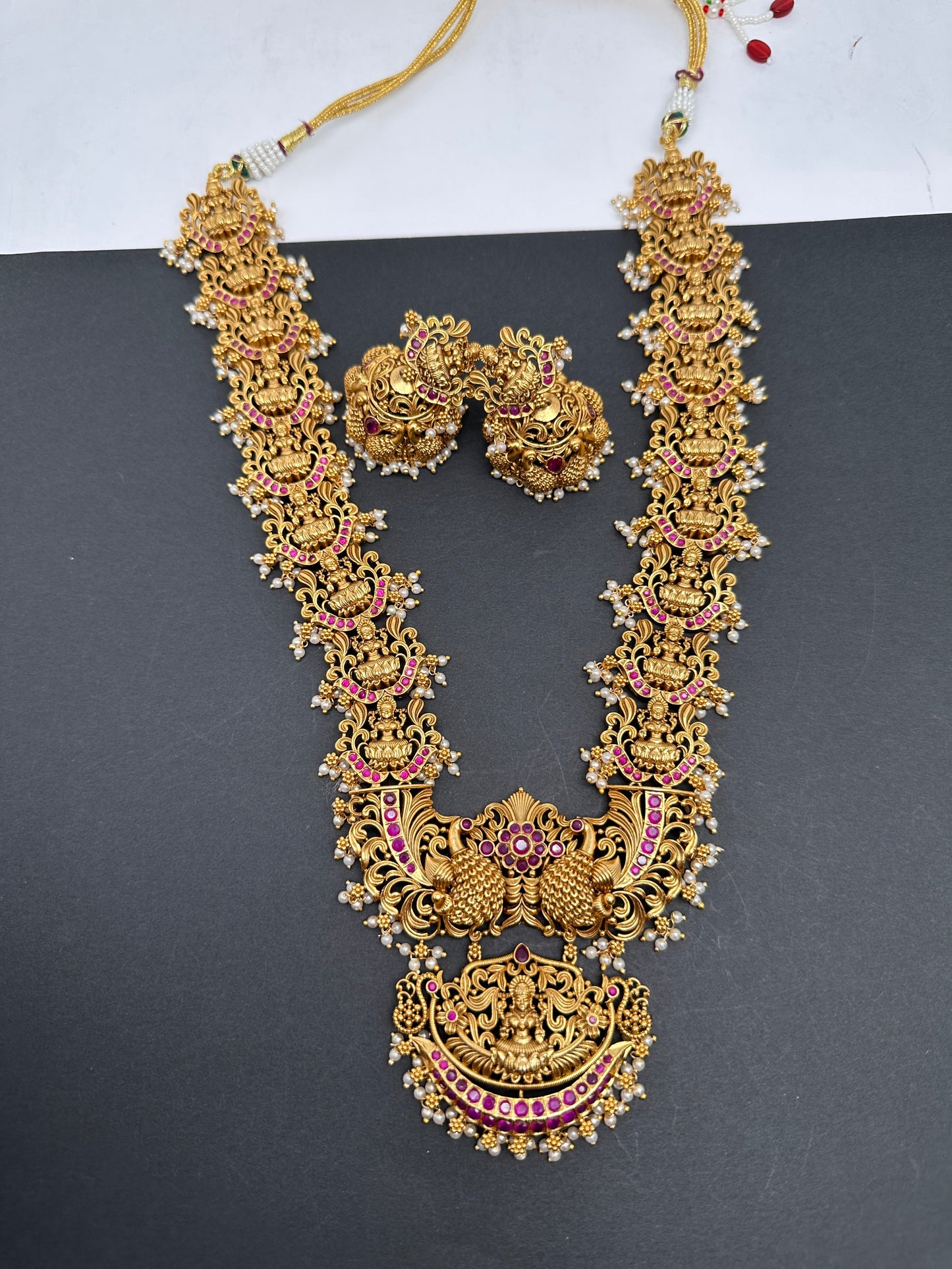Goddess Lakshmi Pendent Lakshmi Links Red Stone Nakshi Long Necklace